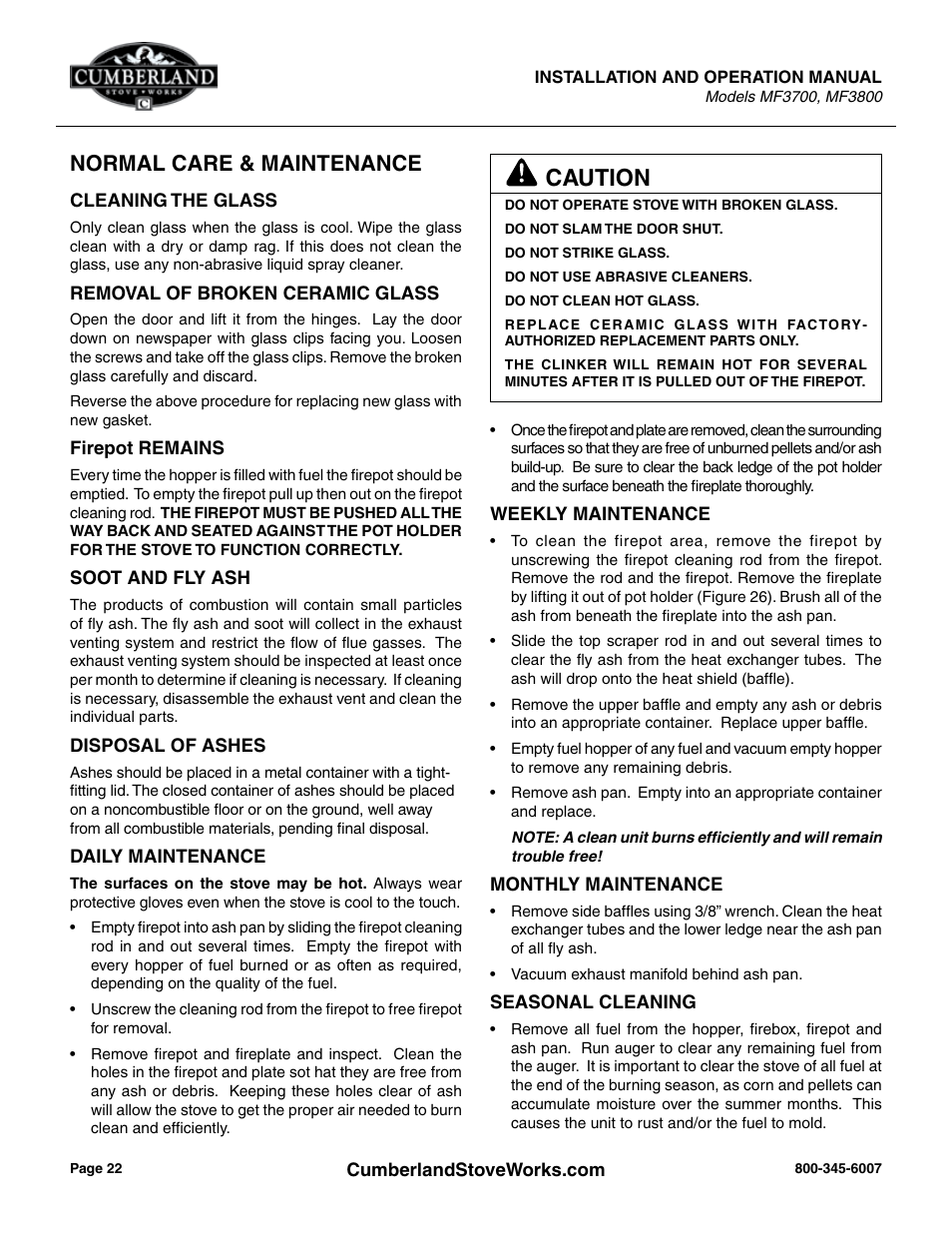 Caution, Normal care & maintenance | Cumberland Stove Works MF3700 User Manual | Page 22 / 36