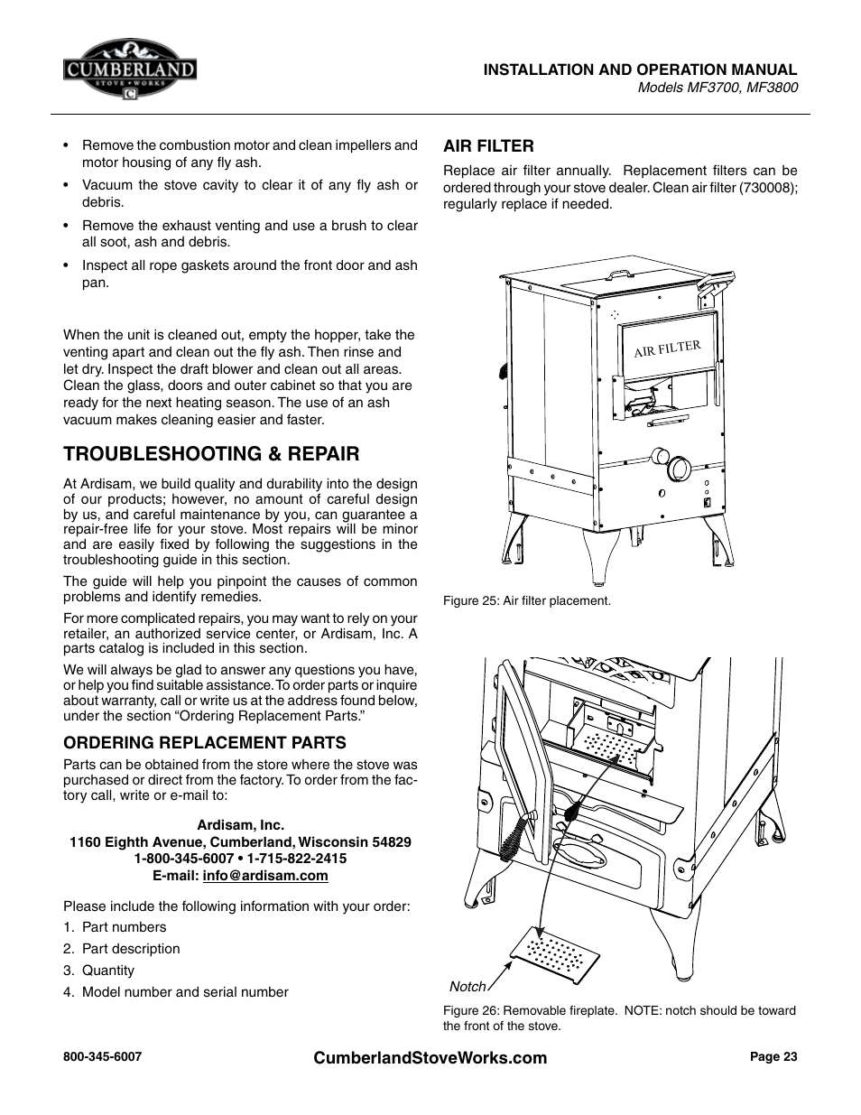 Troubleshooting & repair | Cumberland Stove Works MF3700 User Manual | Page 23 / 36