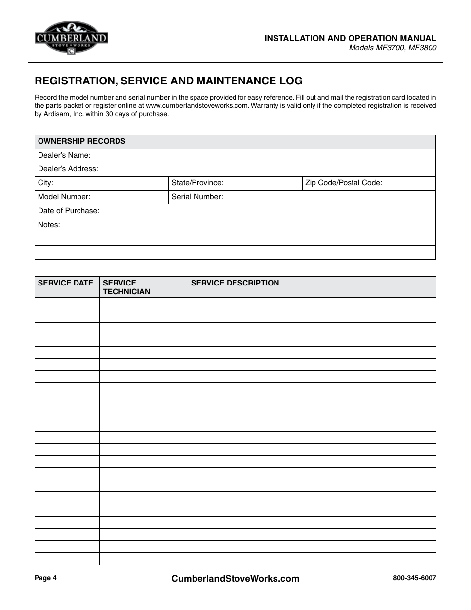 Registration, service and maintenance log | Cumberland Stove Works MF3700 User Manual | Page 4 / 36