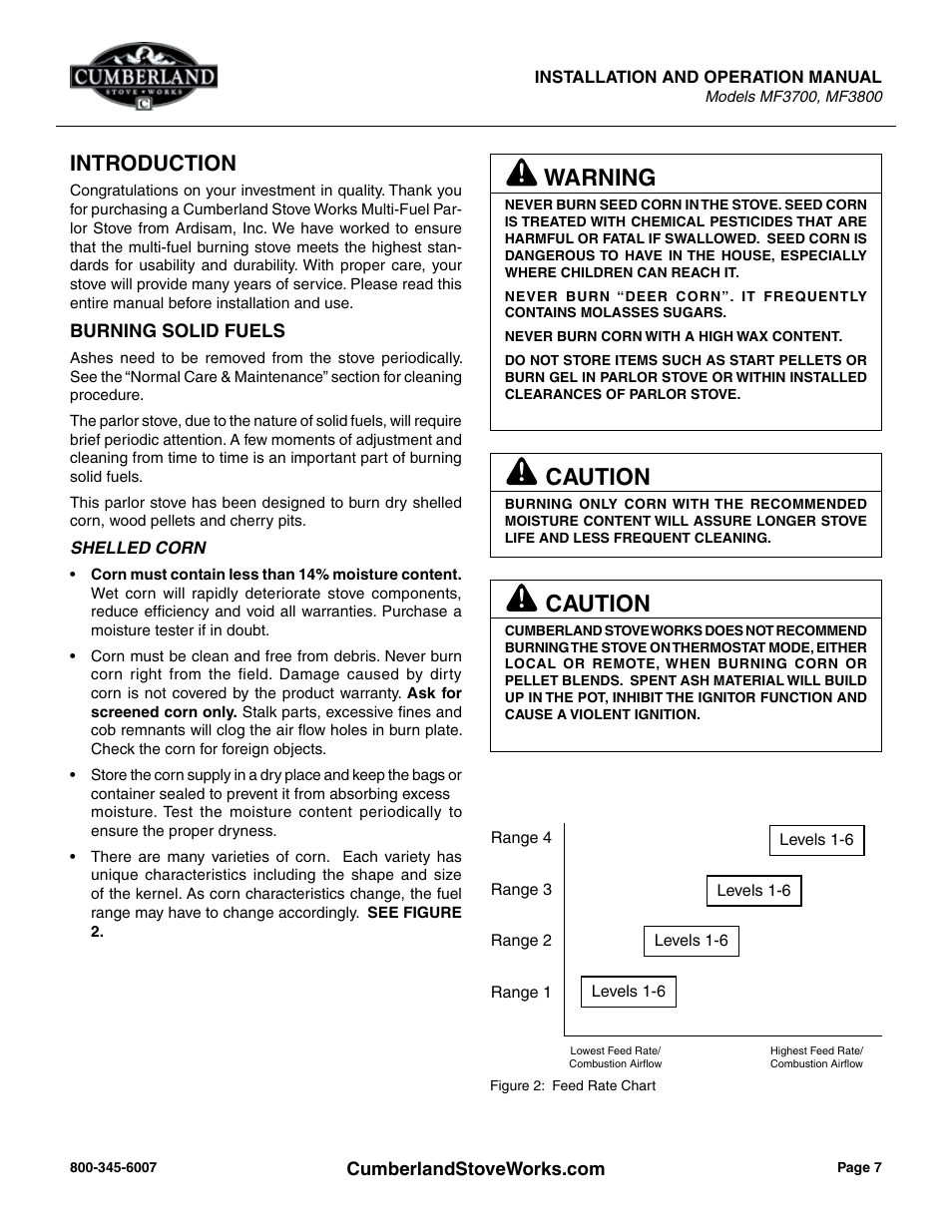 Warning, Caution, Introduction | Cumberland Stove Works MF3700 User Manual | Page 7 / 36