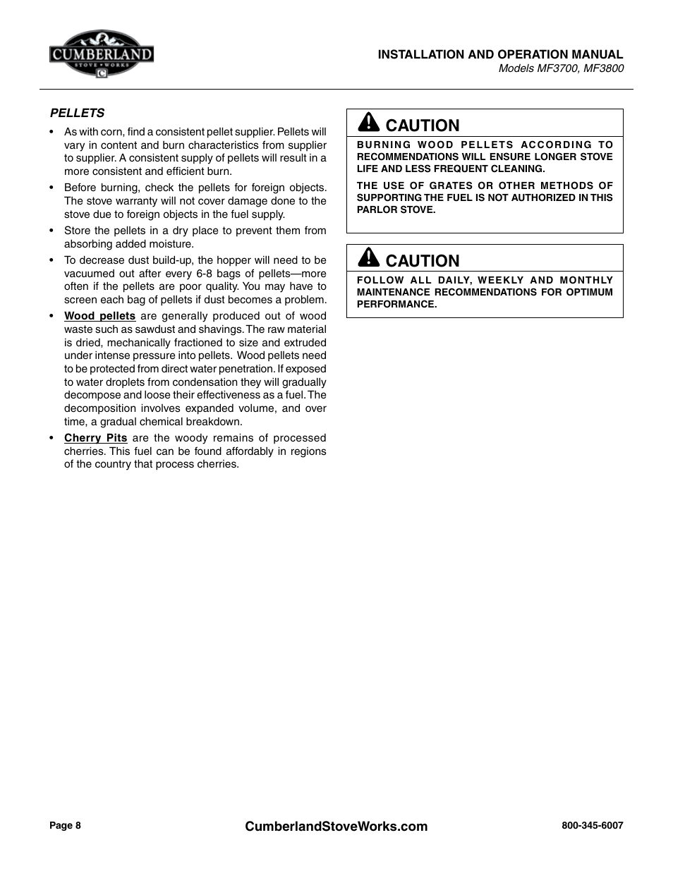Caution | Cumberland Stove Works MF3700 User Manual | Page 8 / 36
