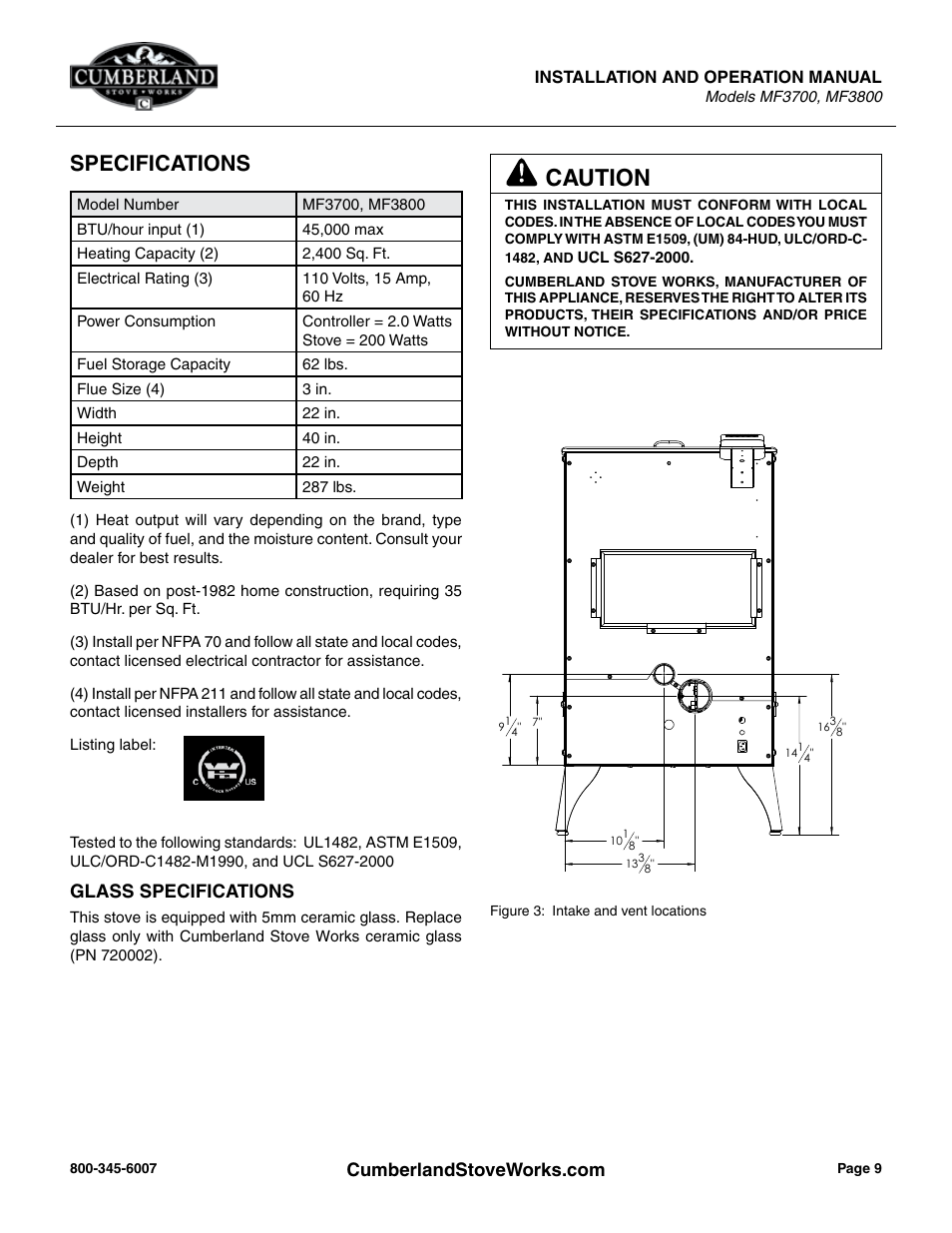 Caution, Specifications, Glass specifications | Cumberland Stove Works MF3700 User Manual | Page 9 / 36