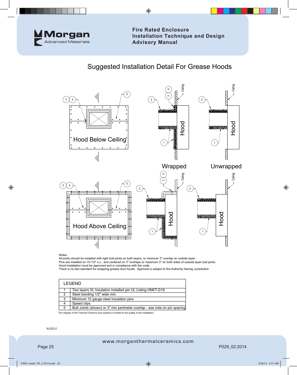 Suggested installation detail for grease hoods, Hood above ceiling, Hood | Hood below ceiling wrapped unwrapped | FloAire Pyroscat Enclosure User Manual | Page 26 / 60