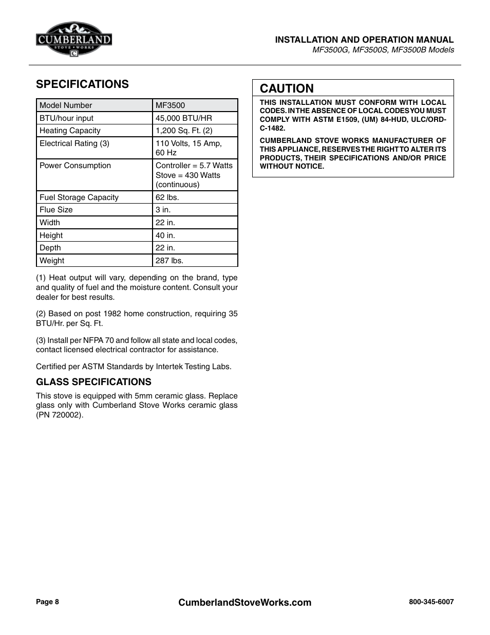 Caution, Specifications | Cumberland Stove Works OMMF3500 User Manual | Page 10 / 38