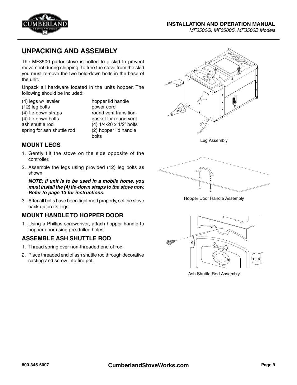 Unpacking and assembly | Cumberland Stove Works OMMF3500 User Manual | Page 11 / 38