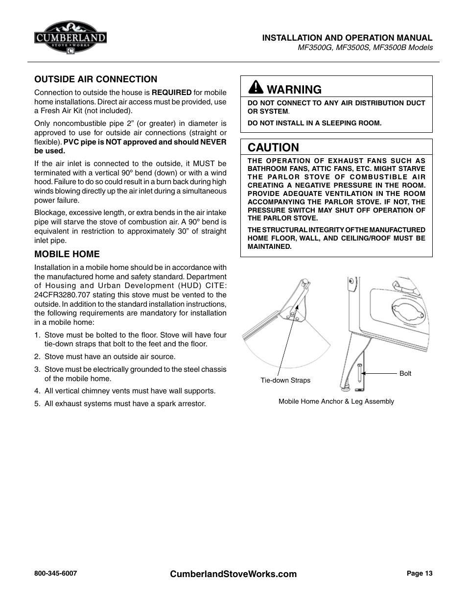 Warning, Caution, Mobile home | Cumberland Stove Works OMMF3500 User Manual | Page 15 / 38