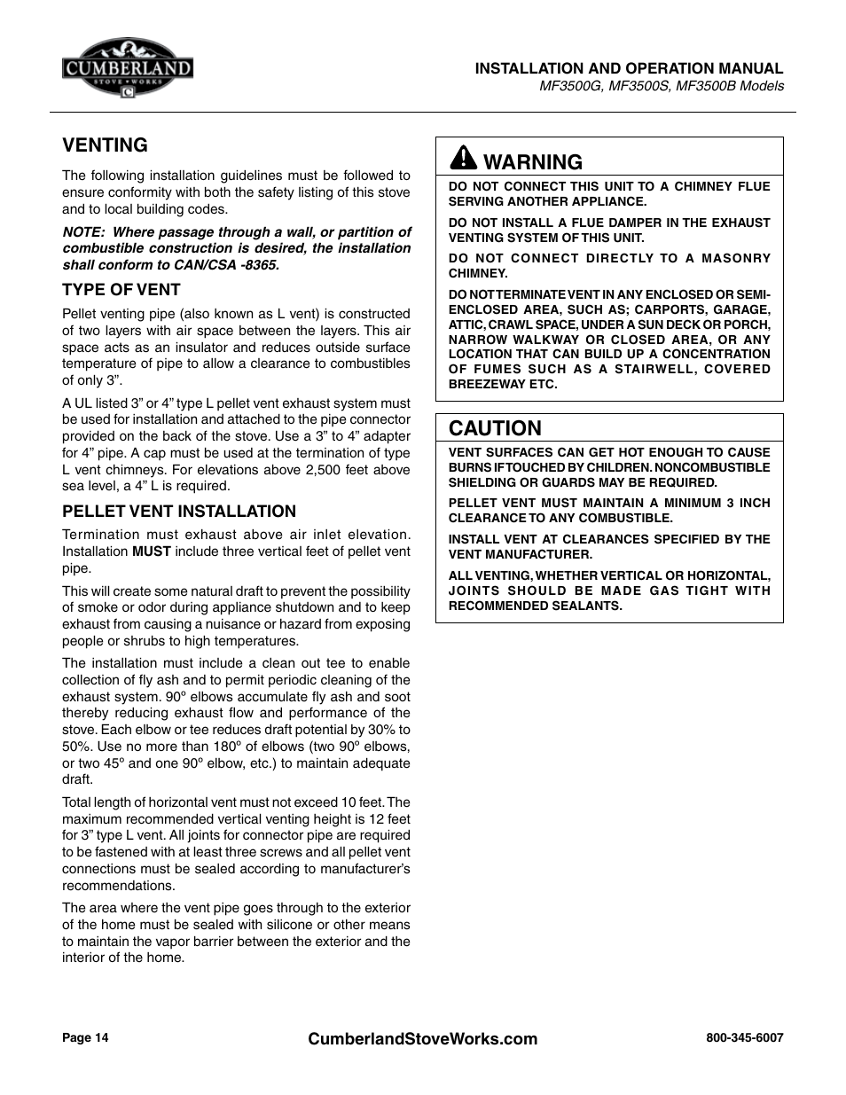 Warning, Caution, Venting | Cumberland Stove Works OMMF3500 User Manual | Page 16 / 38