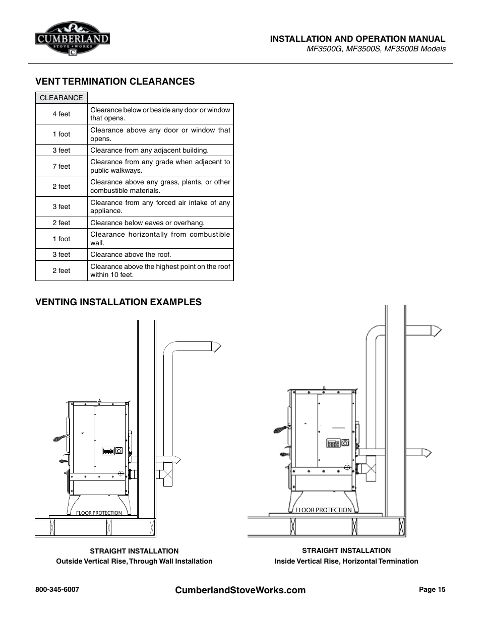Venting installation examples | Cumberland Stove Works OMMF3500 User Manual | Page 17 / 38