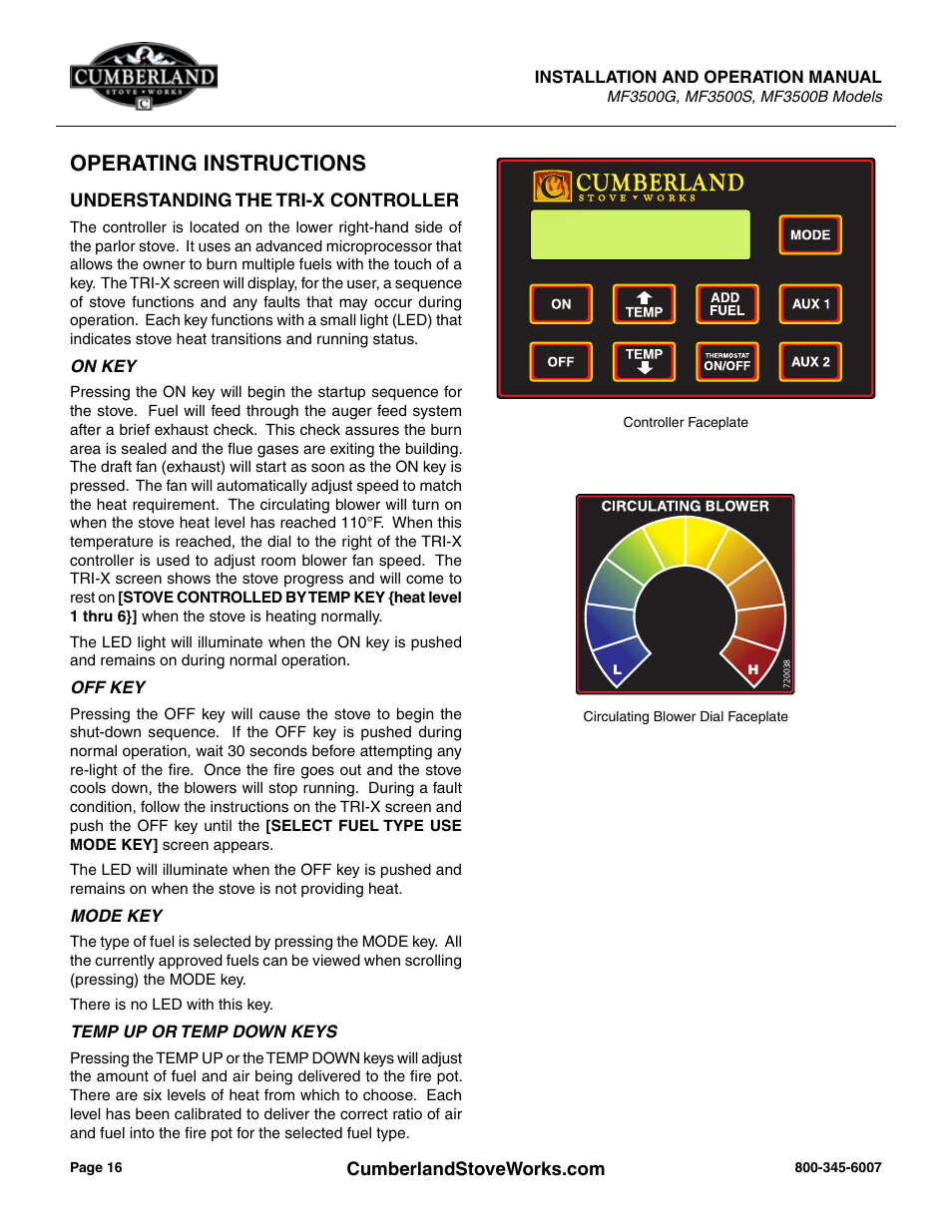 Operating instructions | Cumberland Stove Works OMMF3500 User Manual | Page 18 / 38