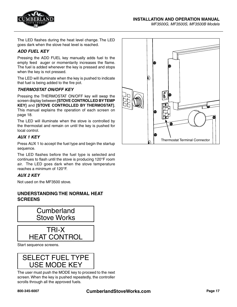 Cumberland stove works tri-x heat control, Select fuel type use mode key | Cumberland Stove Works OMMF3500 User Manual | Page 19 / 38