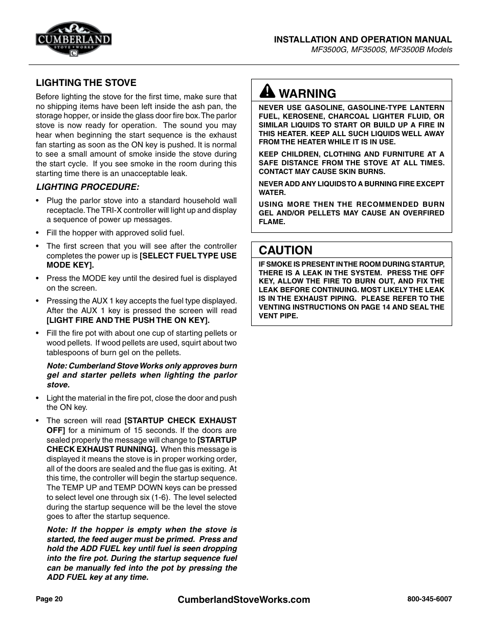 Warning, Caution | Cumberland Stove Works OMMF3500 User Manual | Page 22 / 38