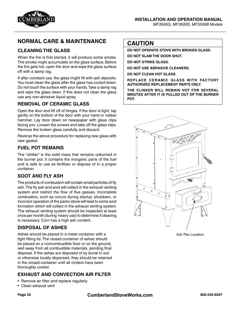 Caution, Normal care & maintenance | Cumberland Stove Works OMMF3500 User Manual | Page 24 / 38