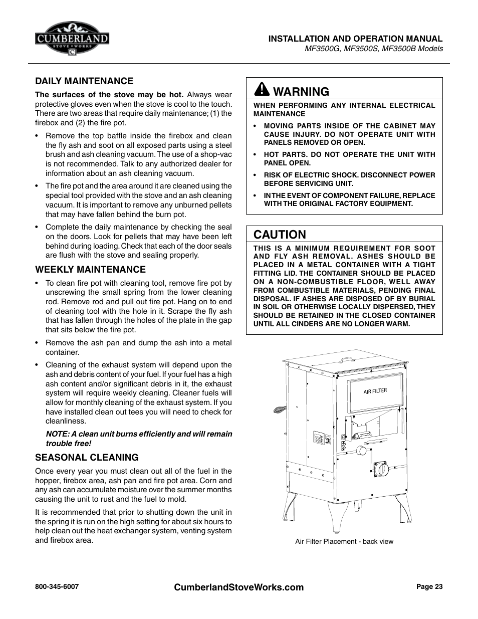 Caution, Warning | Cumberland Stove Works OMMF3500 User Manual | Page 25 / 38