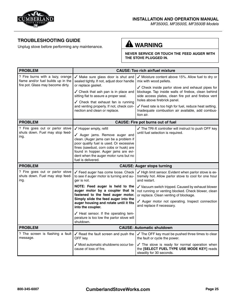 Warning | Cumberland Stove Works OMMF3500 User Manual | Page 27 / 38