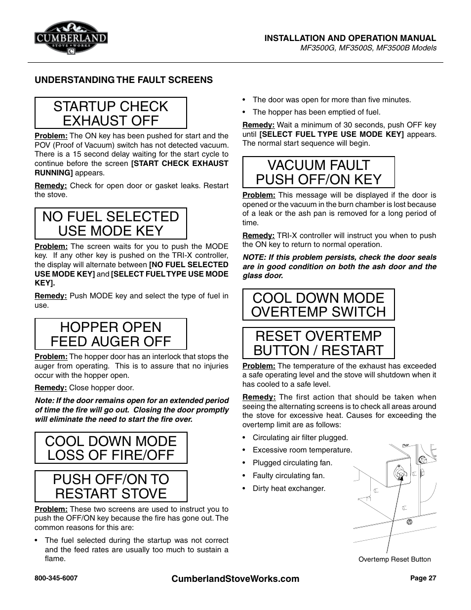 Startup check exhaust off, No fuel selected use mode key, Hopper open feed auger off | Vacuum fault push off/on key | Cumberland Stove Works OMMF3500 User Manual | Page 29 / 38