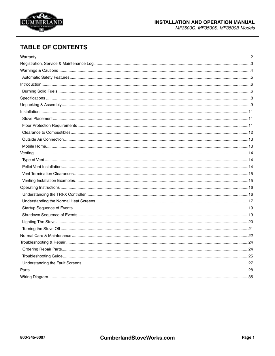 Cumberland Stove Works OMMF3500 User Manual | Page 3 / 38