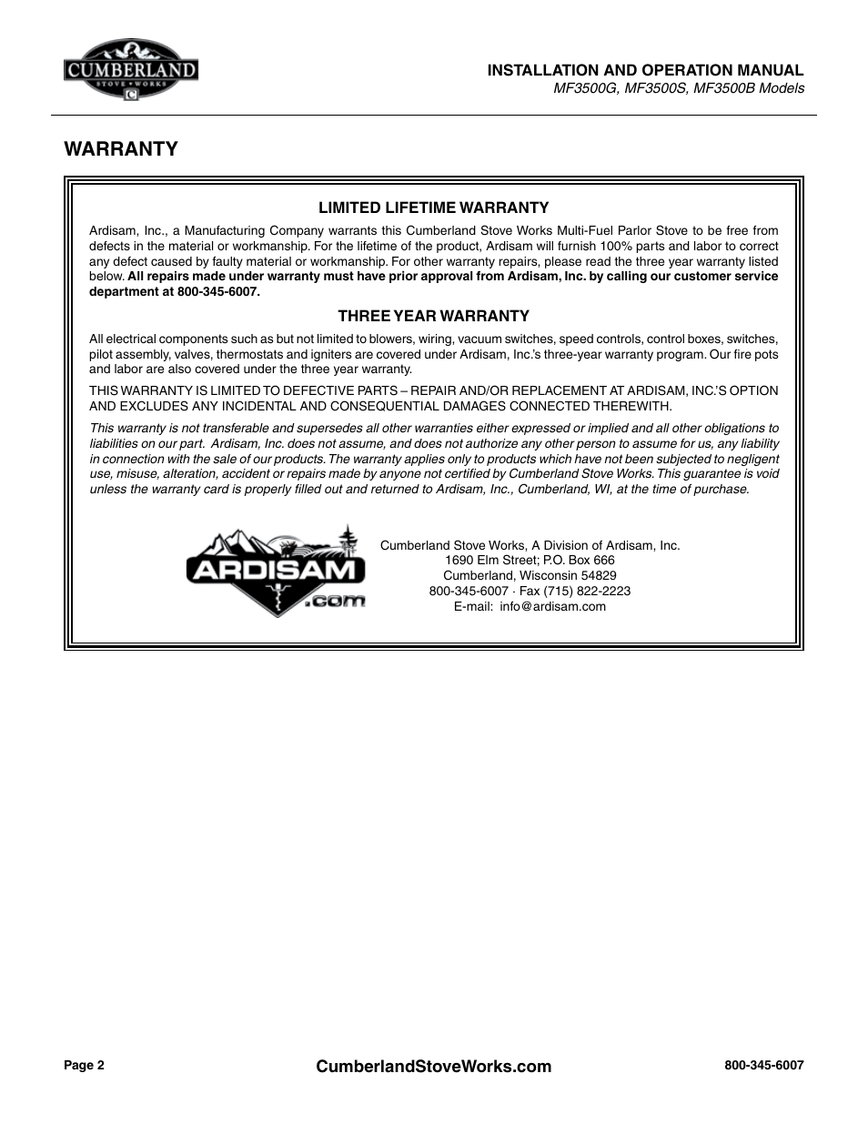 Warranty | Cumberland Stove Works OMMF3500 User Manual | Page 4 / 38