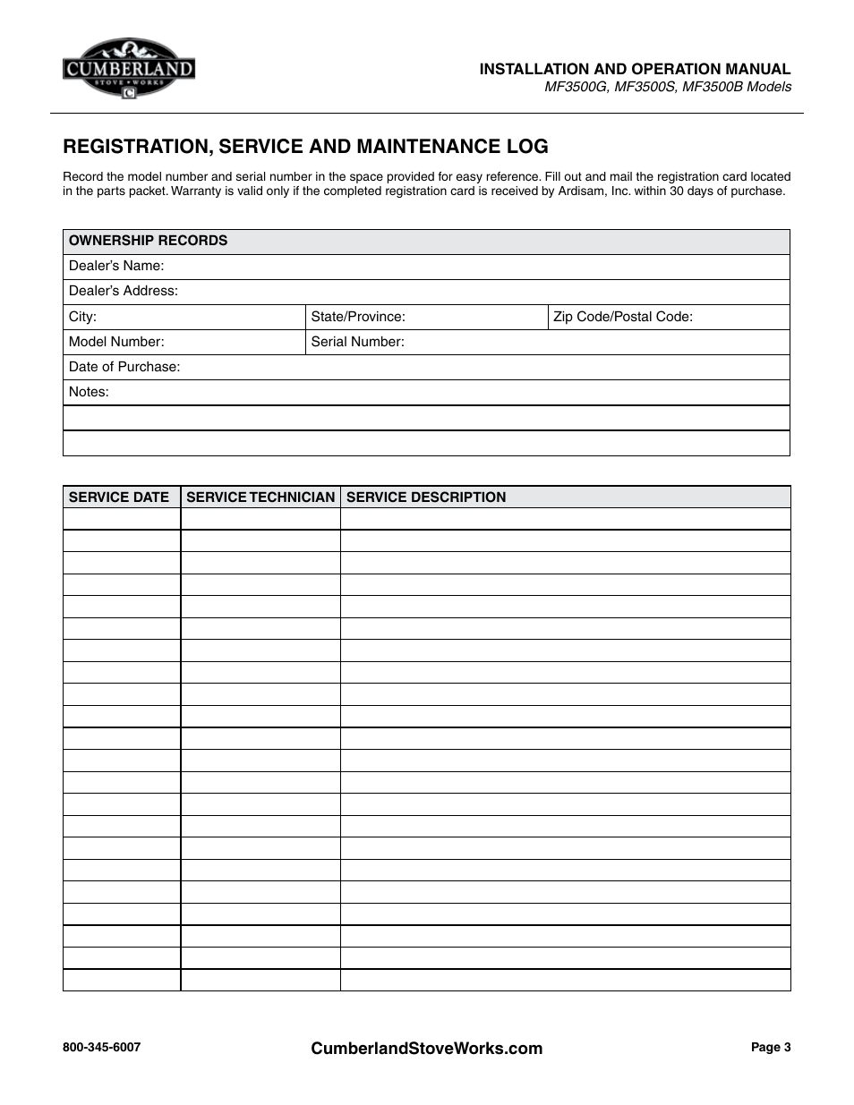 Registration, service and maintenance log | Cumberland Stove Works OMMF3500 User Manual | Page 5 / 38