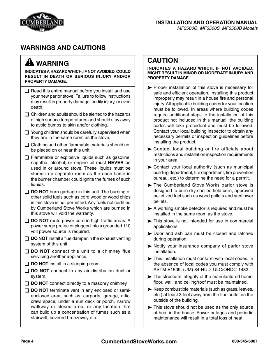 Warning, Caution, Warnings and cautions | Cumberland Stove Works OMMF3500 User Manual | Page 6 / 38