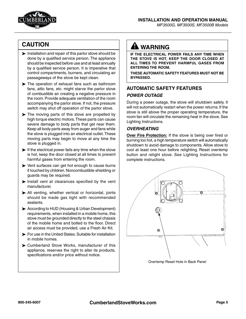 Caution, Warning | Cumberland Stove Works OMMF3500 User Manual | Page 7 / 38