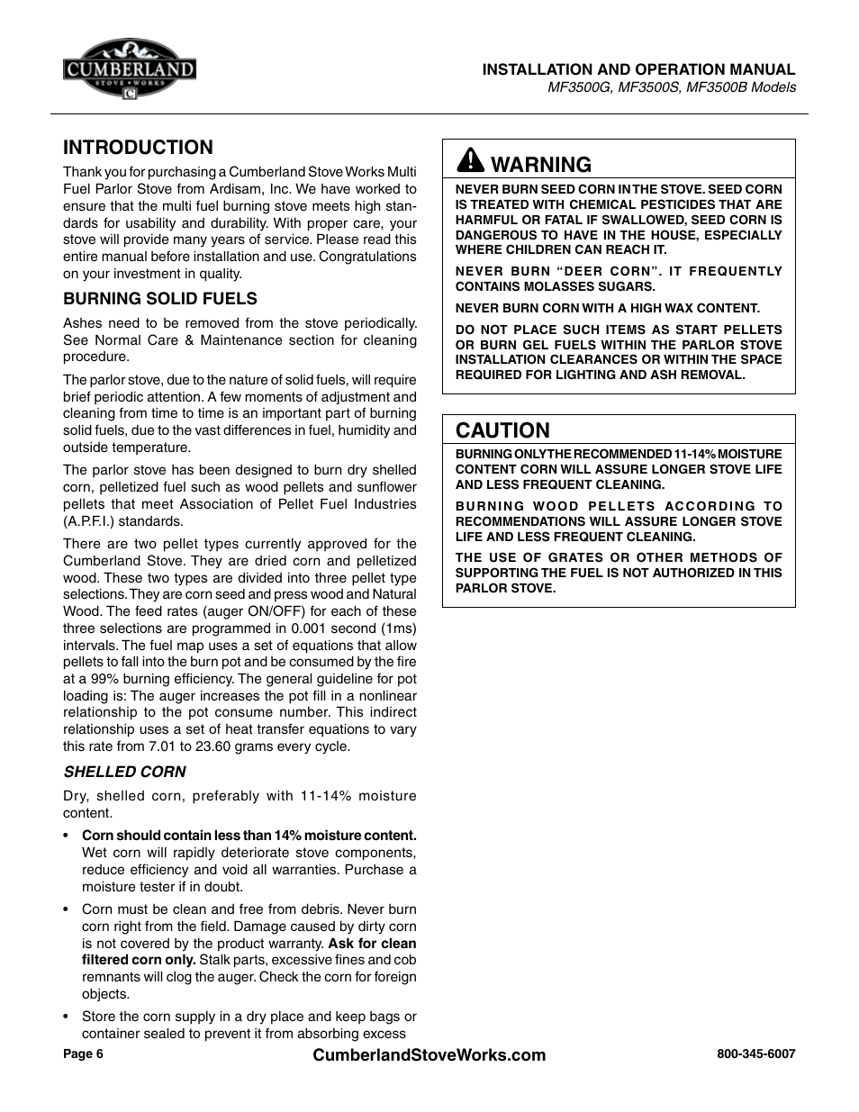 Warning, Caution, Introduction | Cumberland Stove Works OMMF3500 User Manual | Page 8 / 38
