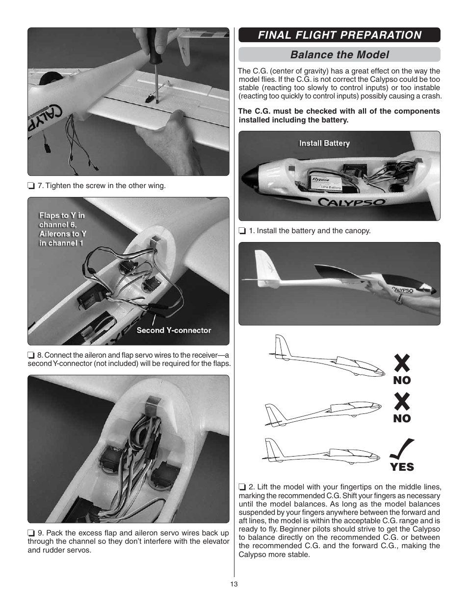 Yes no no, Final flight preparation balance the model | Flyzone FLZA3004 User Manual | Page 13 / 20