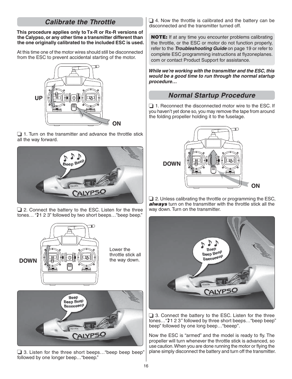 Calibrate the throttle, Normal startup procedure | Flyzone FLZA3004 User Manual | Page 16 / 20