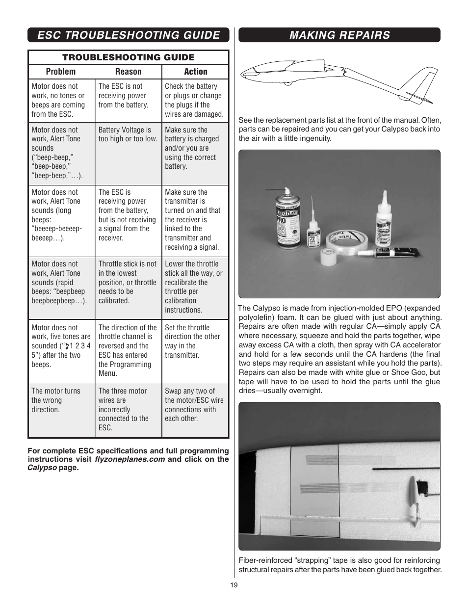 Esc troubleshooting guide, Making repairs | Flyzone FLZA3004 User Manual | Page 19 / 20