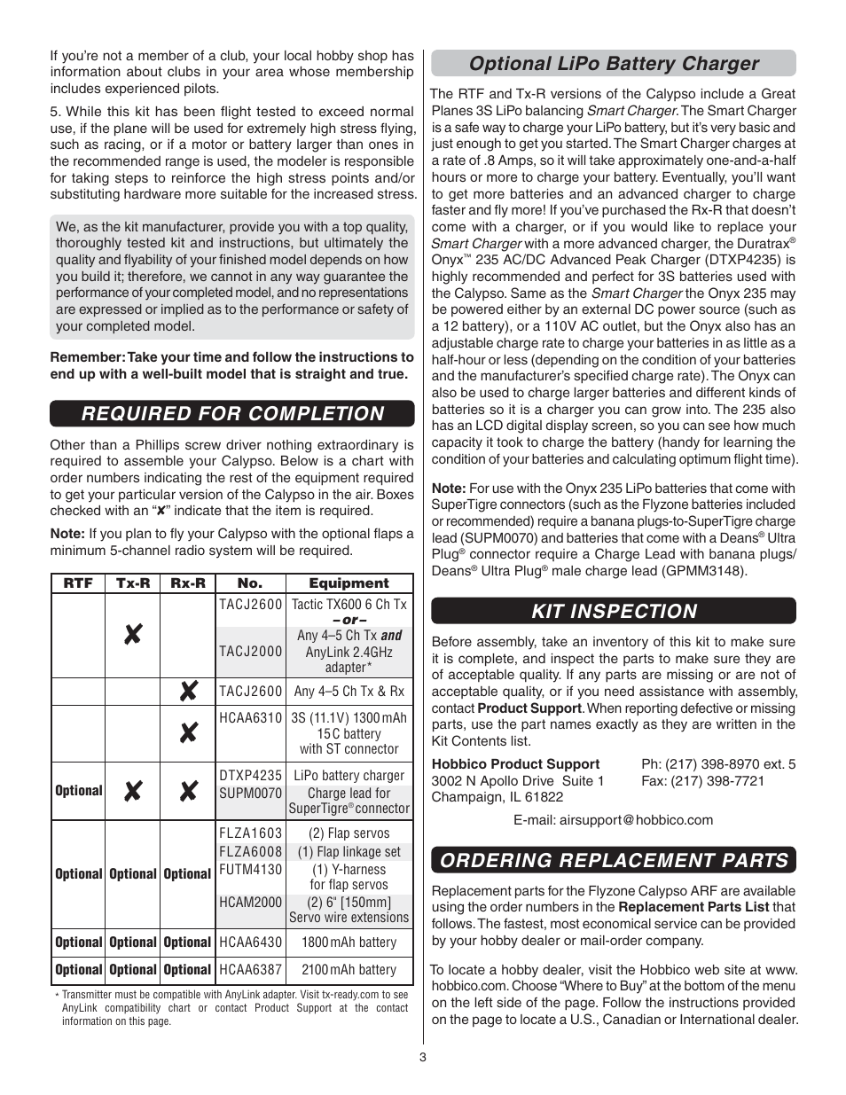 Required for completion, Optional lipo battery charger, Kit inspection | Ordering replacement parts | Flyzone FLZA3004 User Manual | Page 3 / 20