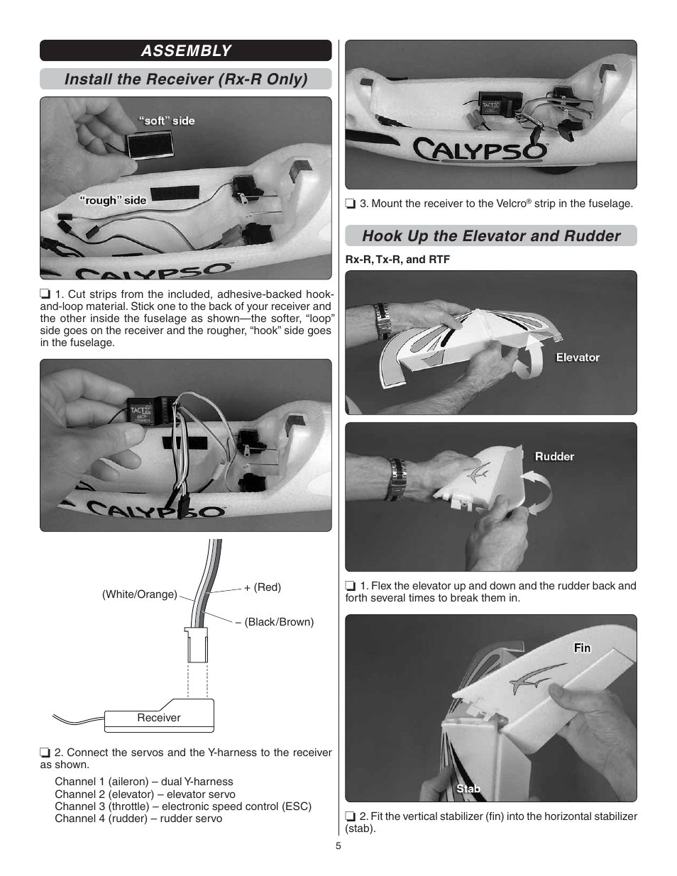Assembly install the receiver (rx-r only), Hook up the elevator and rudder | Flyzone FLZA3004 User Manual | Page 5 / 20