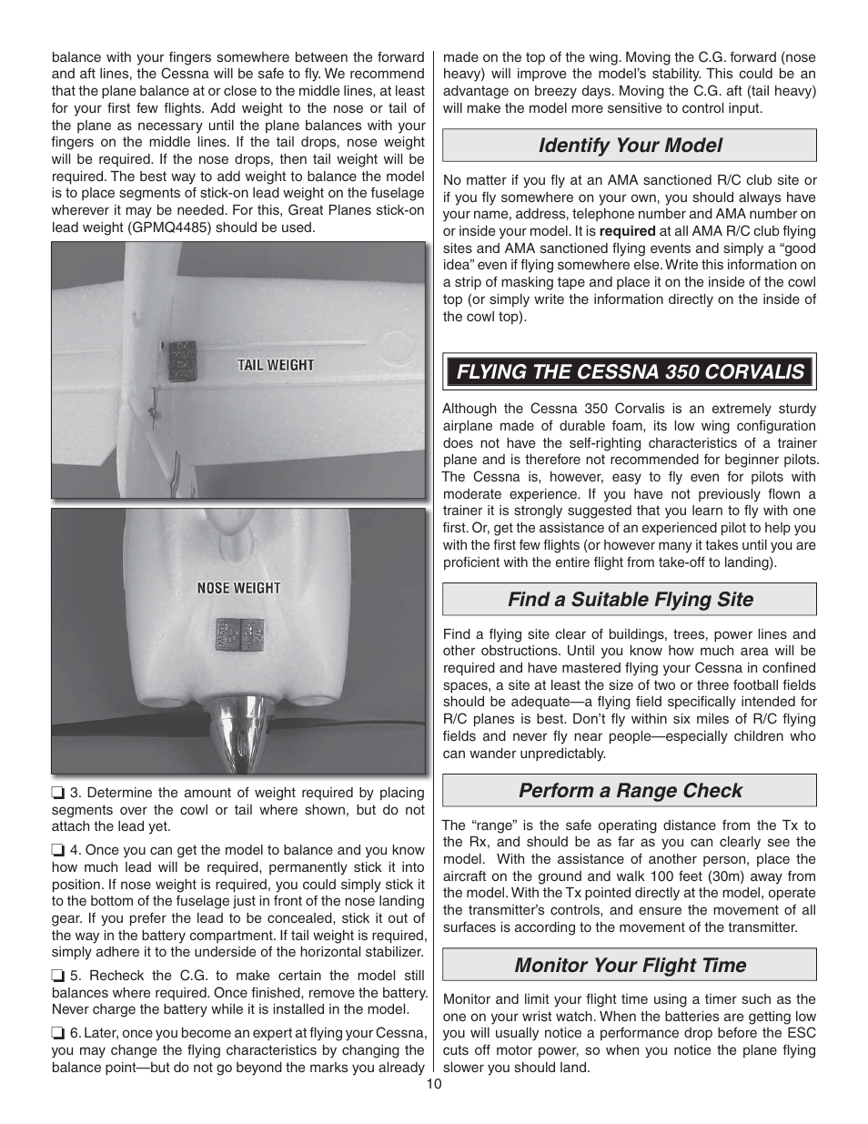 Identify your model, Flying the cessna 350 corvalis, Find a suitable flying site | Perform a range check, Monitor your flight time | Flyzone FLZA4300 User Manual | Page 10 / 20