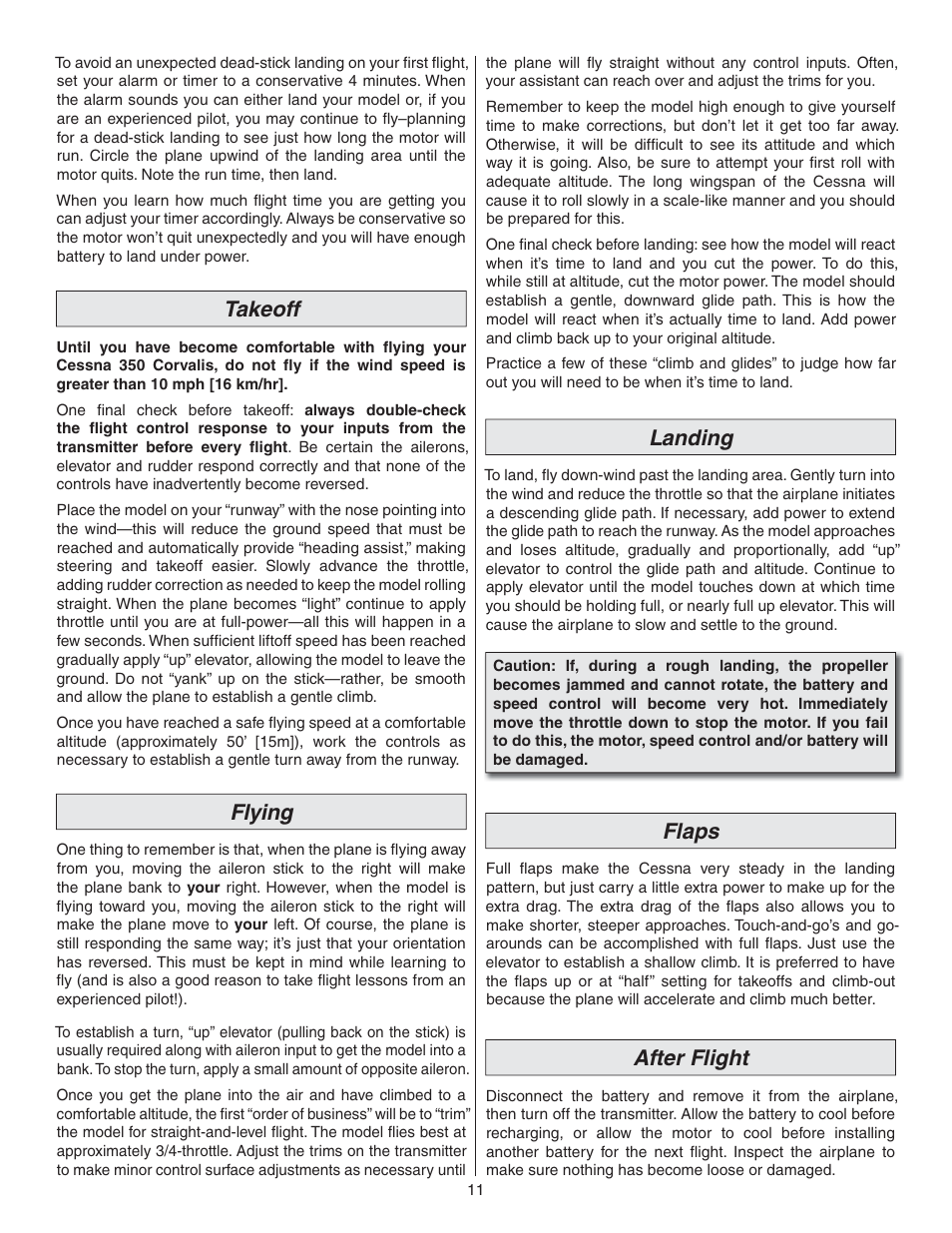 Takeoff, Flying, Landing | Flaps, After flight | Flyzone FLZA4300 User Manual | Page 11 / 20
