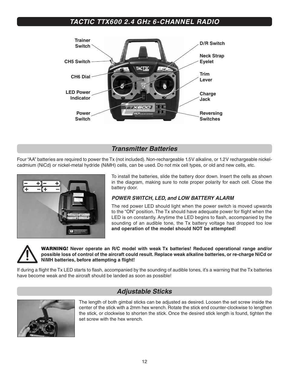 Channel radio transmitter batteries, Adjustable sticks | Flyzone FLZA4300 User Manual | Page 12 / 20