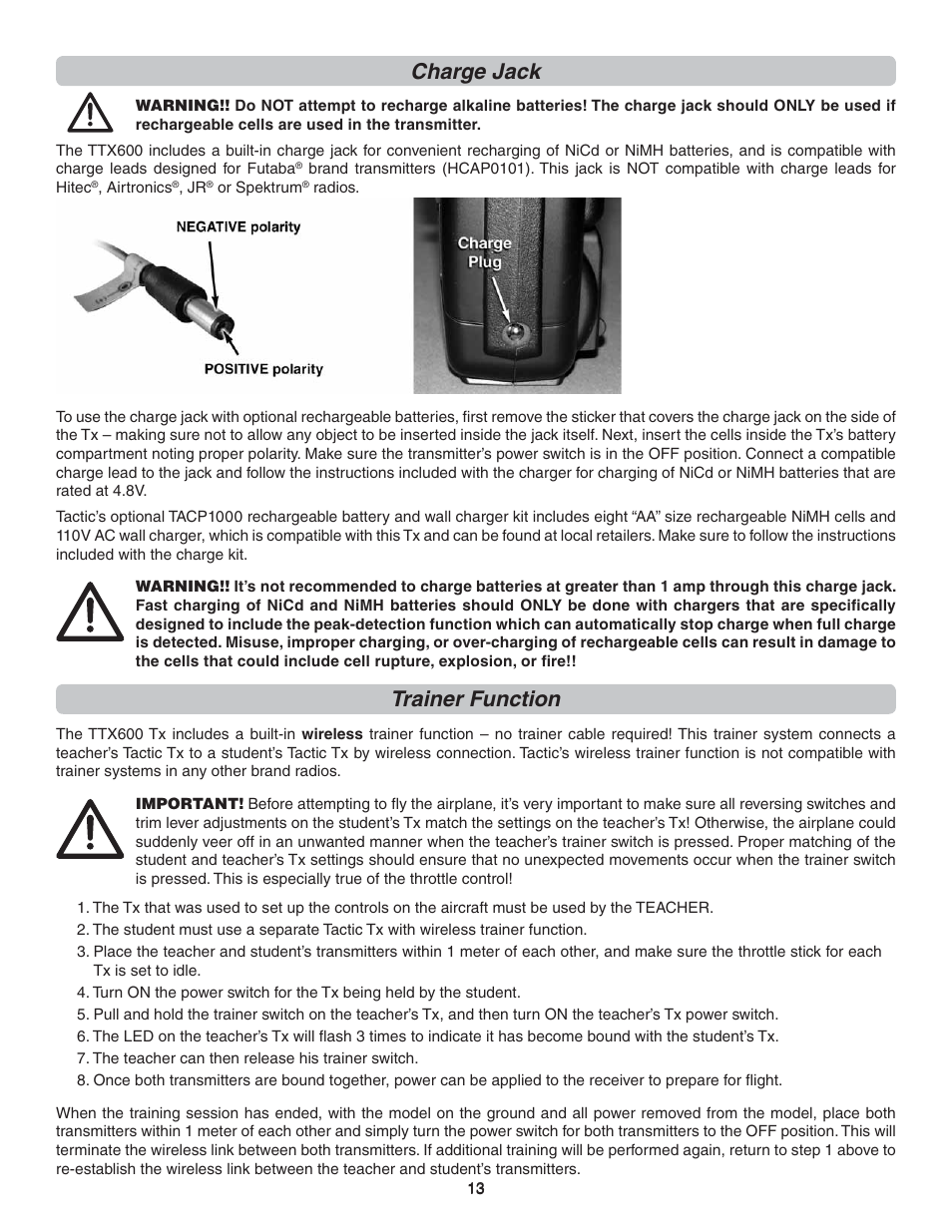 Charge jack, Trainer function | Flyzone FLZA4300 User Manual | Page 13 / 20