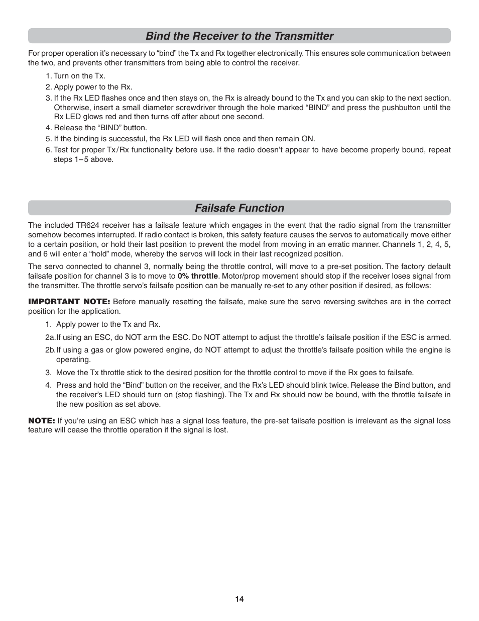 Bind the receiver to the transmitter, Failsafe function | Flyzone FLZA4300 User Manual | Page 14 / 20