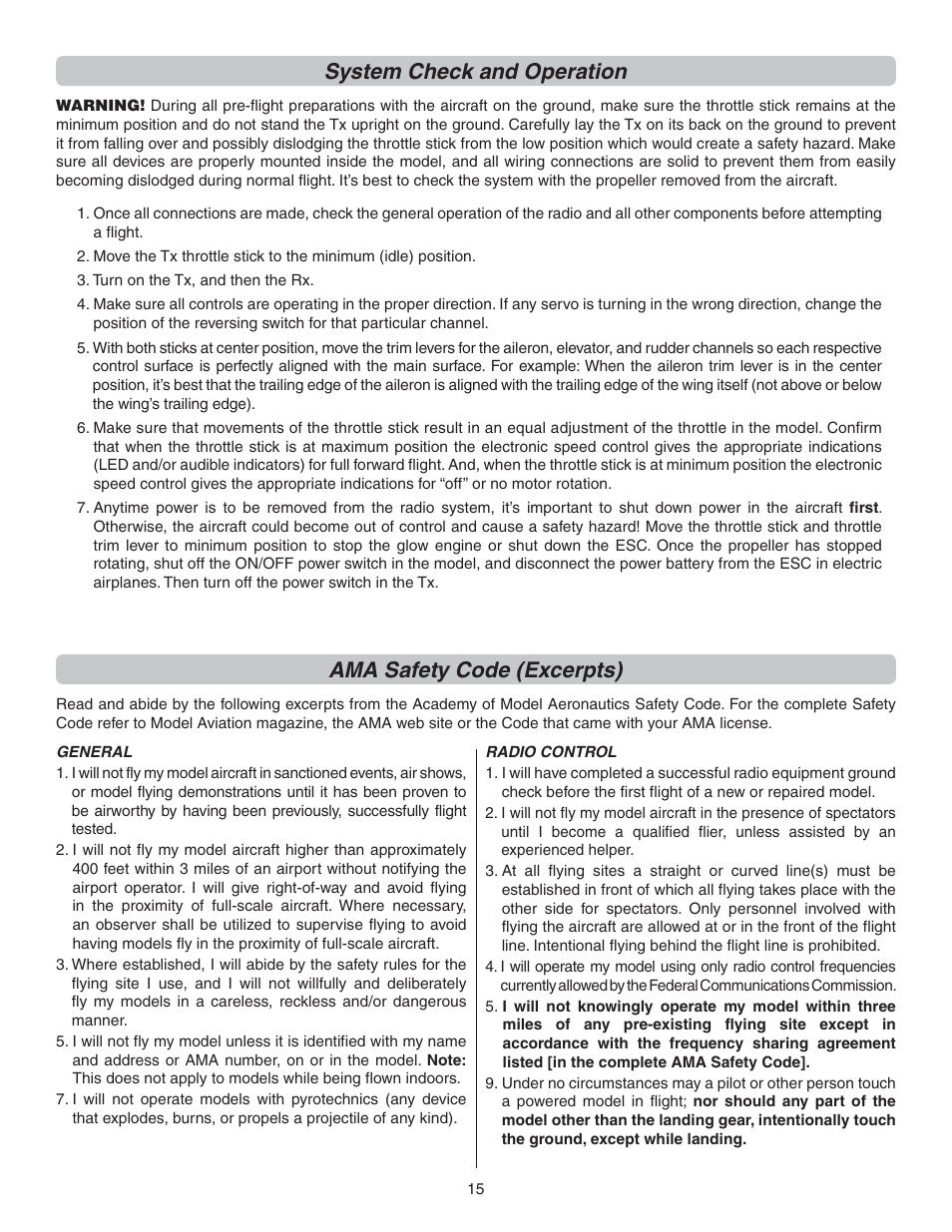 System check and operation, Ama safety code (excerpts) | Flyzone FLZA4300 User Manual | Page 15 / 20