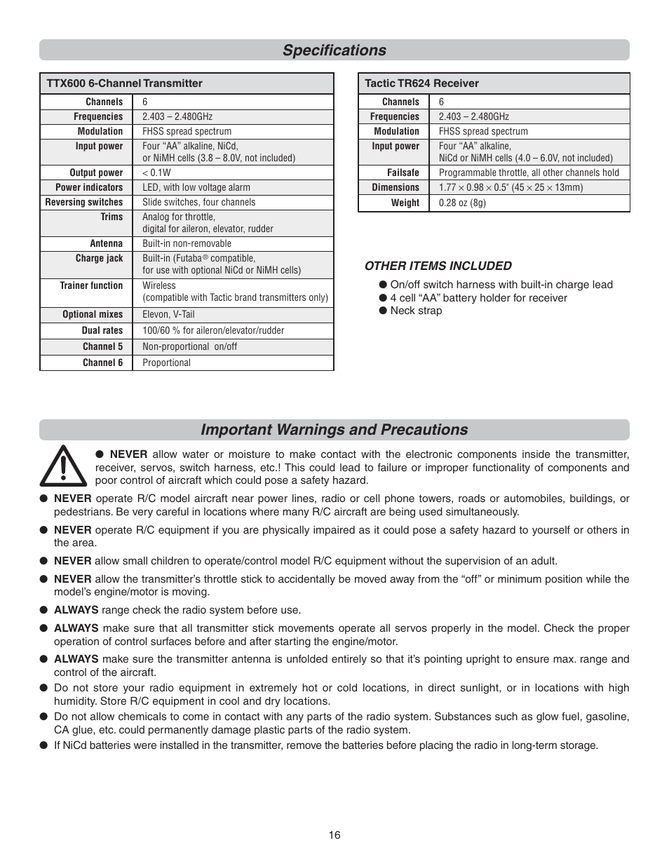 Specifi cations, Important warnings and precautions | Flyzone FLZA4300 User Manual | Page 16 / 20