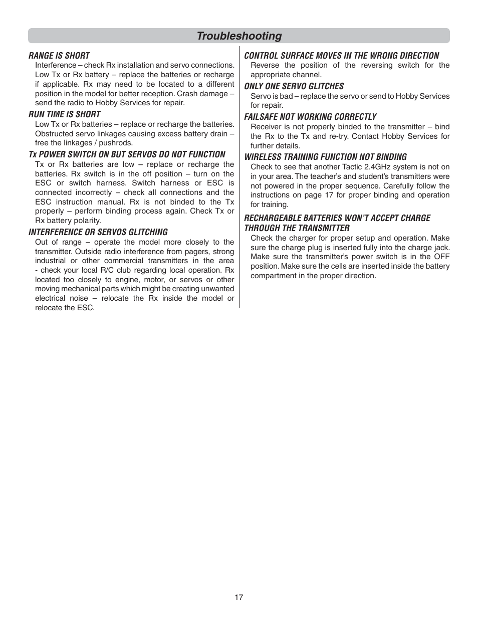Troubleshooting | Flyzone FLZA4300 User Manual | Page 17 / 20