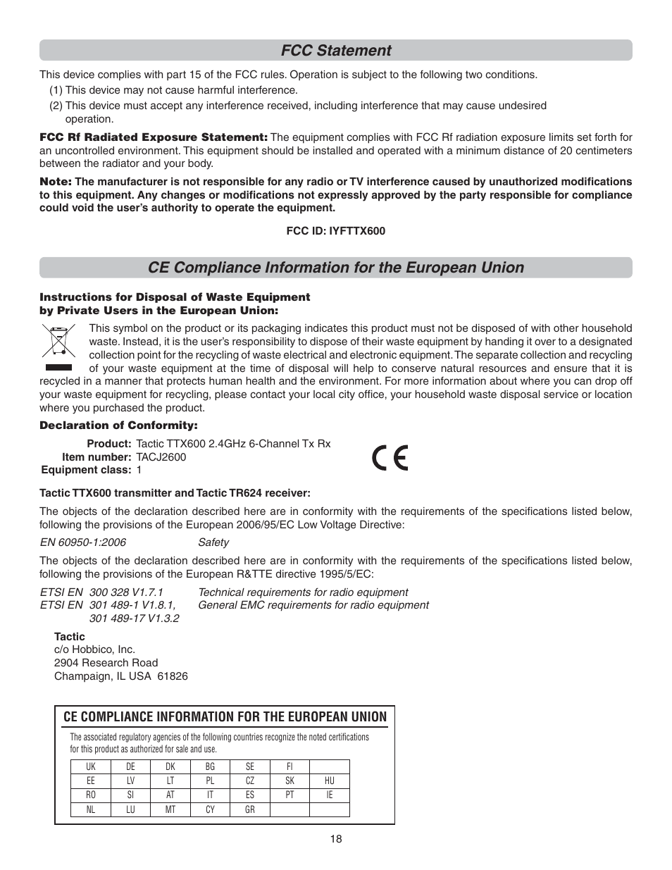 Fcc statement, Ce compliance information for the european union | Flyzone FLZA4300 User Manual | Page 18 / 20