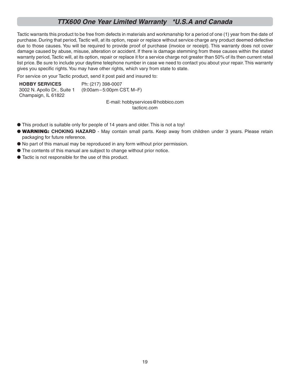 Ttx600 one year limited warranty *u.s.a and canada | Flyzone FLZA4300 User Manual | Page 19 / 20