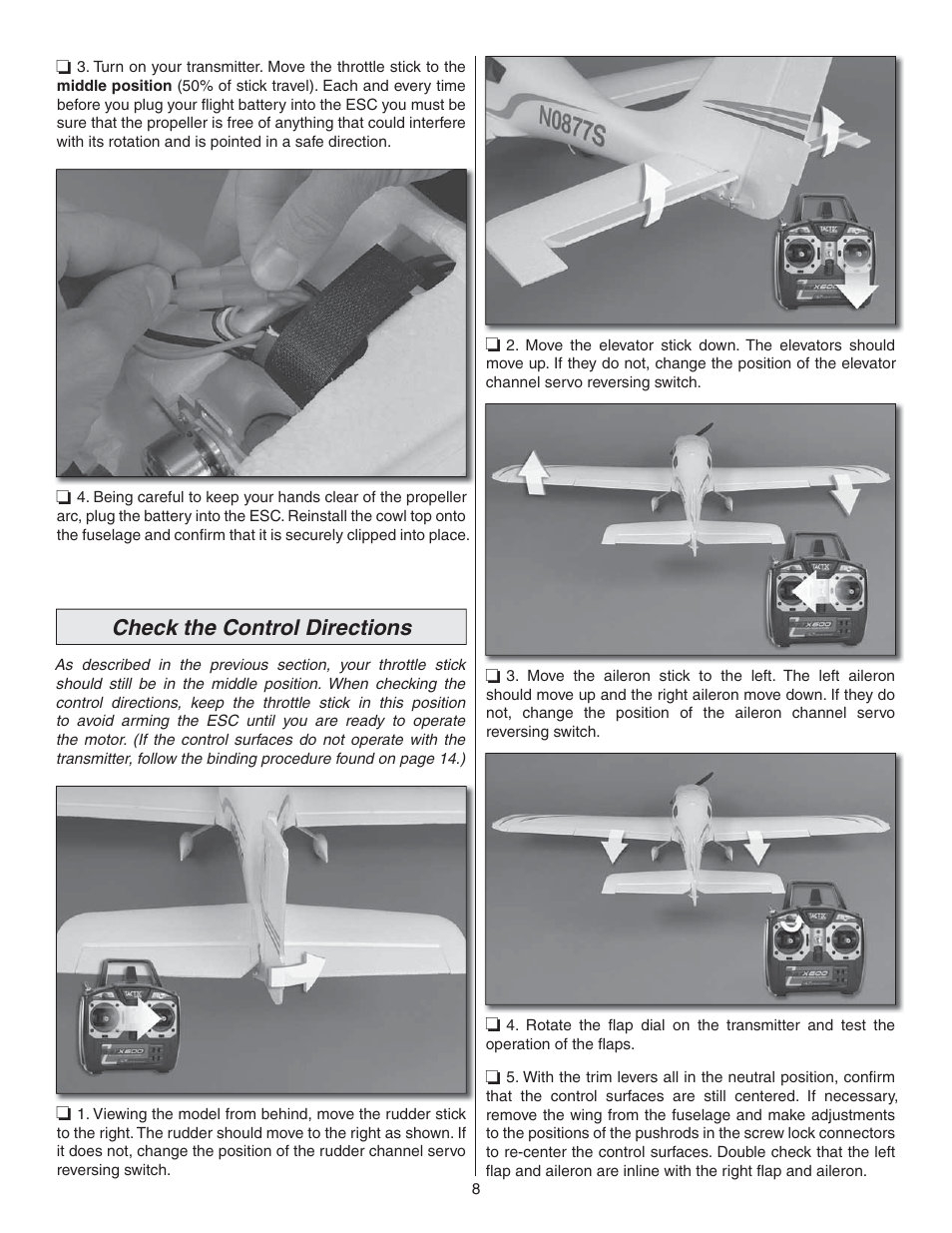 Check the control directions | Flyzone FLZA4300 User Manual | Page 8 / 20