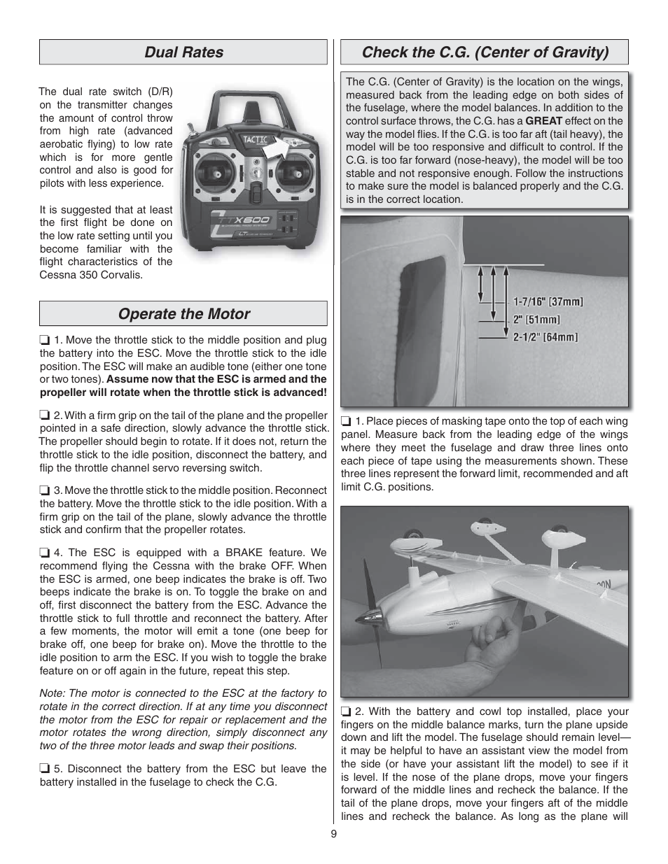 Dual rates, Operate the motor, Check the c.g. (center of gravity) | Flyzone FLZA4300 User Manual | Page 9 / 20