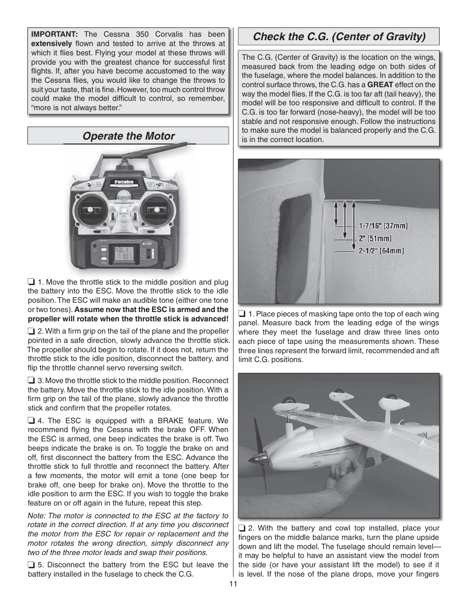Operate the motor, Check the c.g. (center of gravity) | Flyzone FLZA4304 User Manual | Page 11 / 16