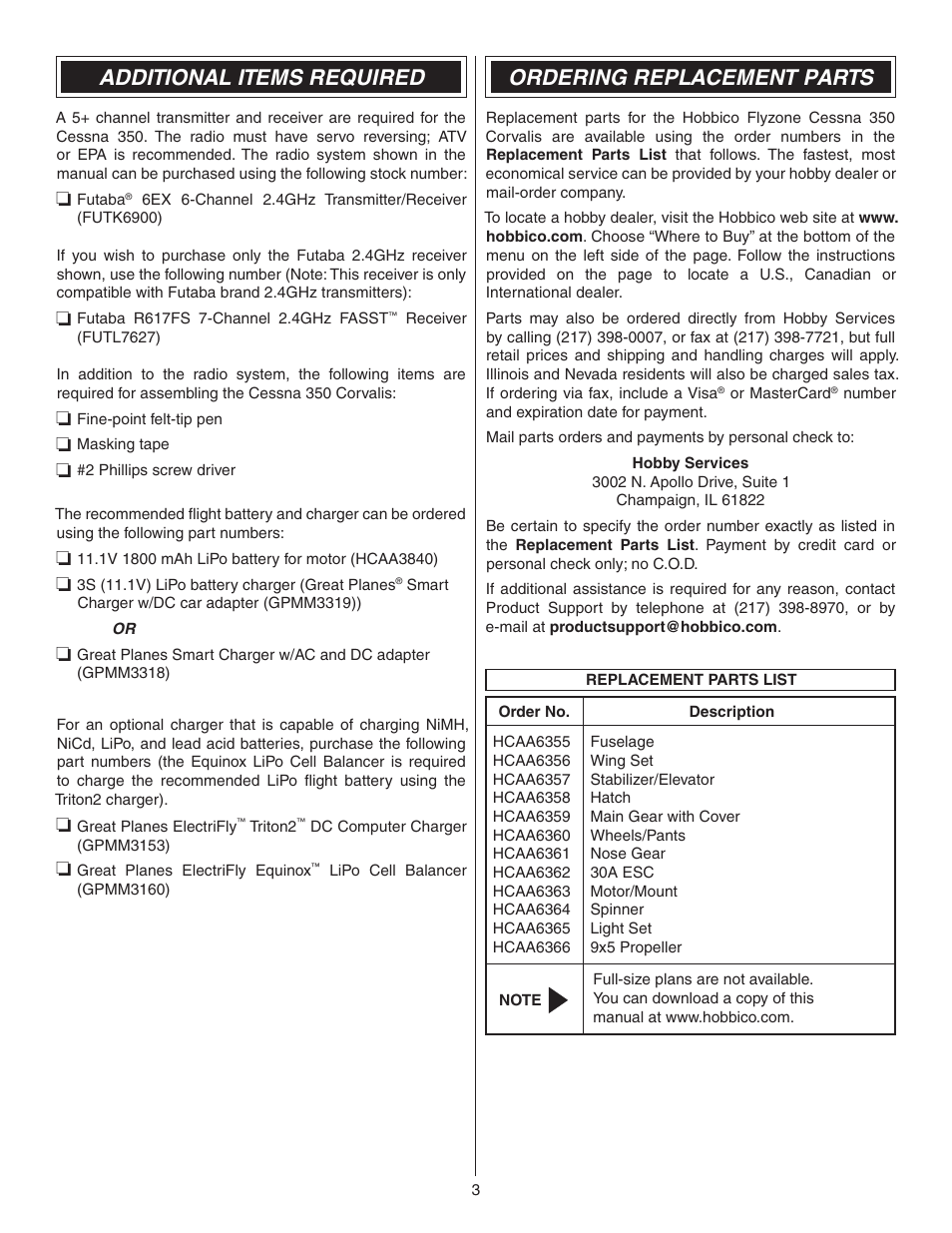 Additional items required, Ordering replacement parts | Flyzone FLZA4304 User Manual | Page 3 / 16