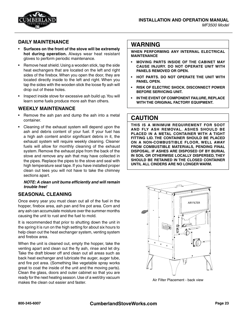 Caution, Warning | Cumberland Stove Works MF3500 User Manual | Page 2 / 2
