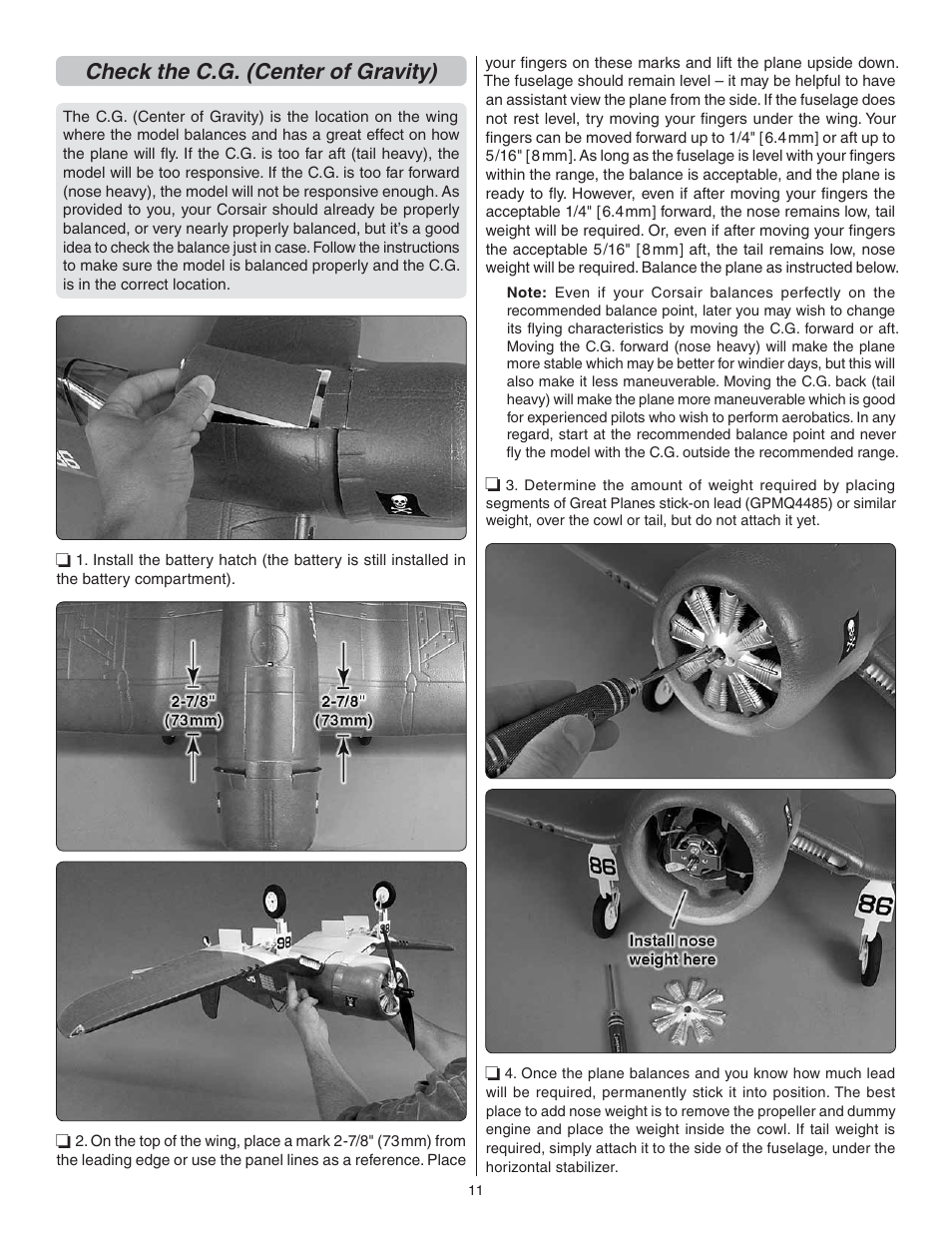 Check the c.g. (center of gravity) | Flyzone FLZA4032 User Manual | Page 11 / 20