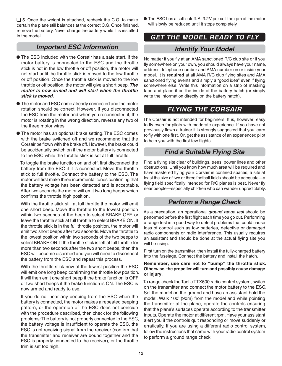 Important esc information, Get the model ready to fly identify your model, Flying the corsair | Find a suitable flying site, Perform a range check | Flyzone FLZA4032 User Manual | Page 12 / 20