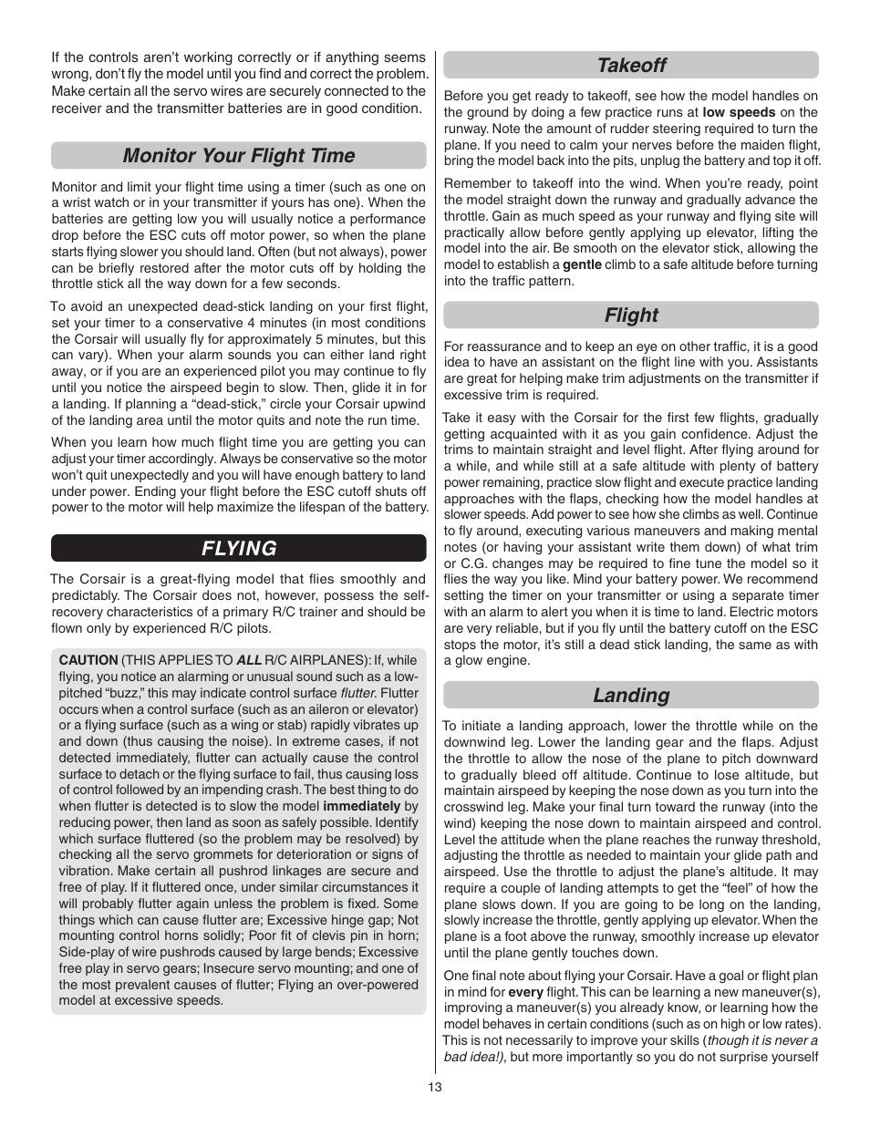 Monitor your flight time, Flying, Takeoff | Flight, Landing | Flyzone FLZA4032 User Manual | Page 13 / 20