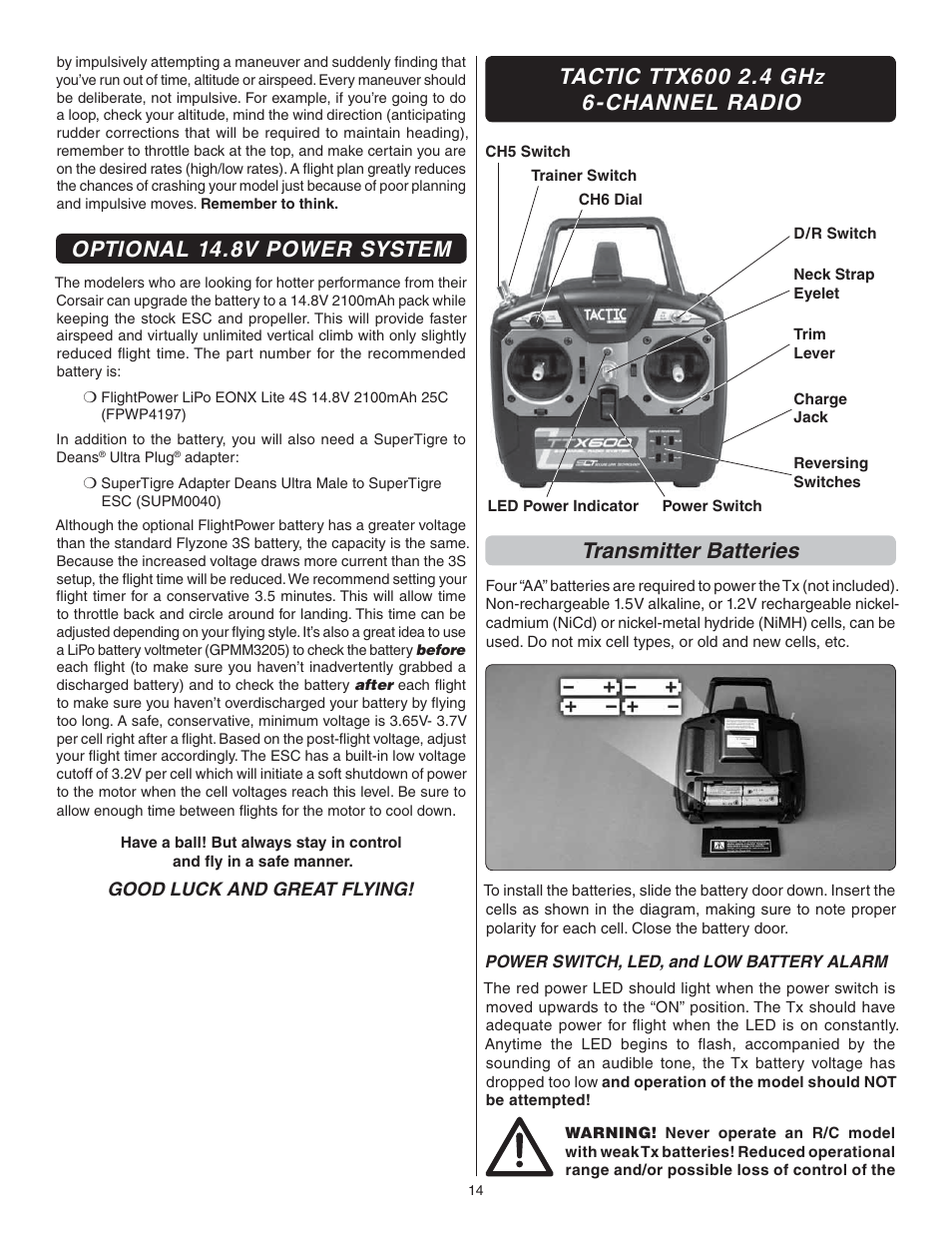 Optional 14.8v power system, Channel radio, Transmitter batteries | Flyzone FLZA4032 User Manual | Page 14 / 20