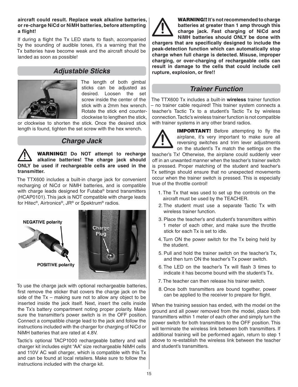 Adjustable sticks, Charge jack, Trainer function | Flyzone FLZA4032 User Manual | Page 15 / 20